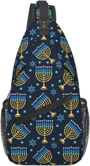 Happy Hanukkah Sling Backpack,Israel Jewish Crossbody Shoulder Backpack Adjustable Sling Bag for Men Women