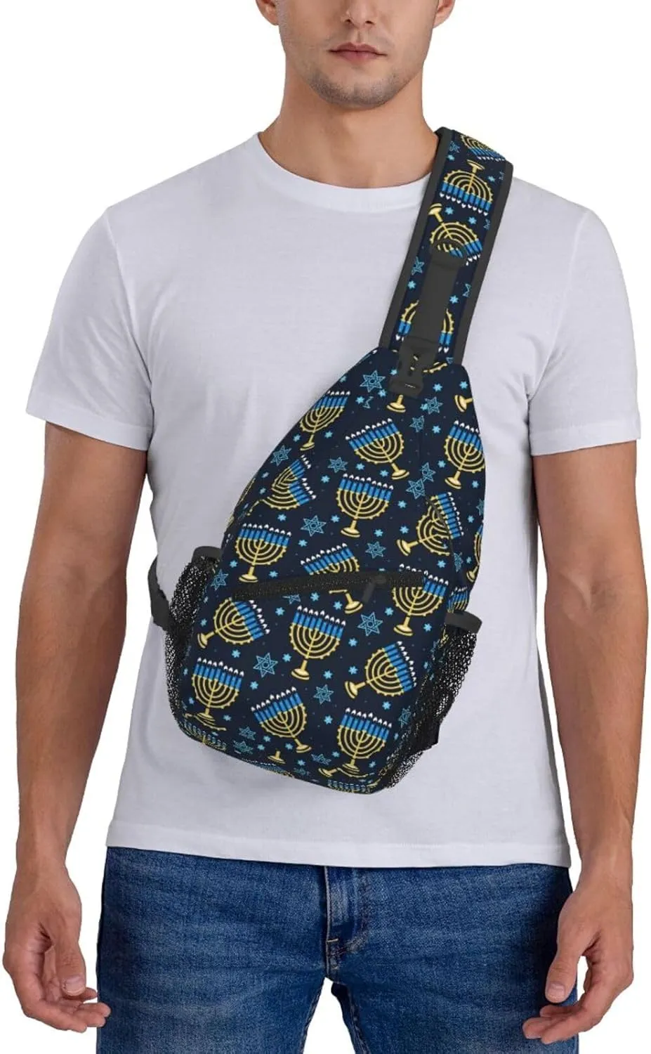 Happy Hanukkah Sling Backpack,Israel Jewish Crossbody Shoulder Backpack Adjustable Sling Bag for Men Women