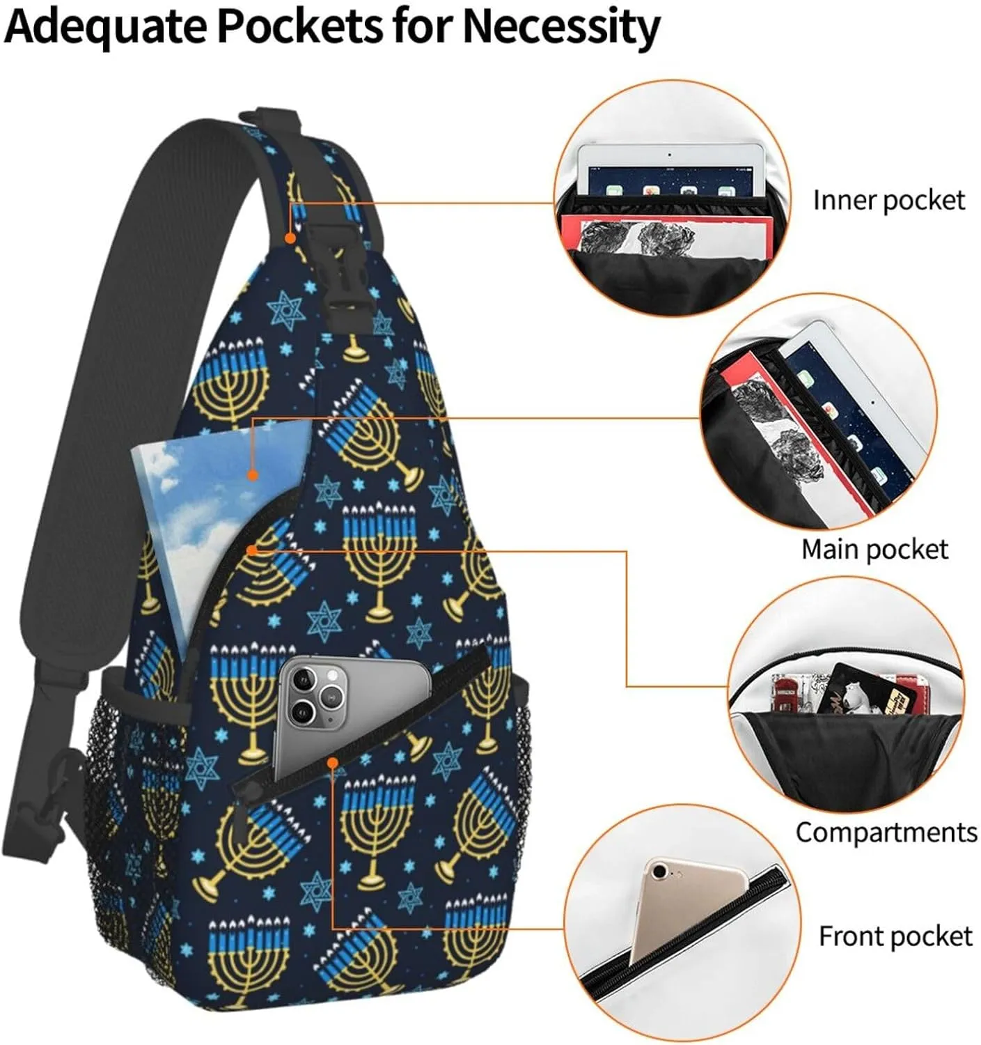 Happy Hanukkah Sling Backpack,Israel Jewish Crossbody Shoulder Backpack Adjustable Sling Bag for Men Women