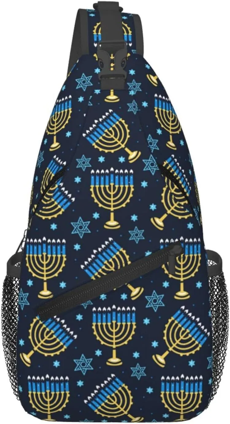 Happy Hanukkah Sling Backpack,Israel Jewish Crossbody Shoulder Backpack Adjustable Sling Bag for Men Women
