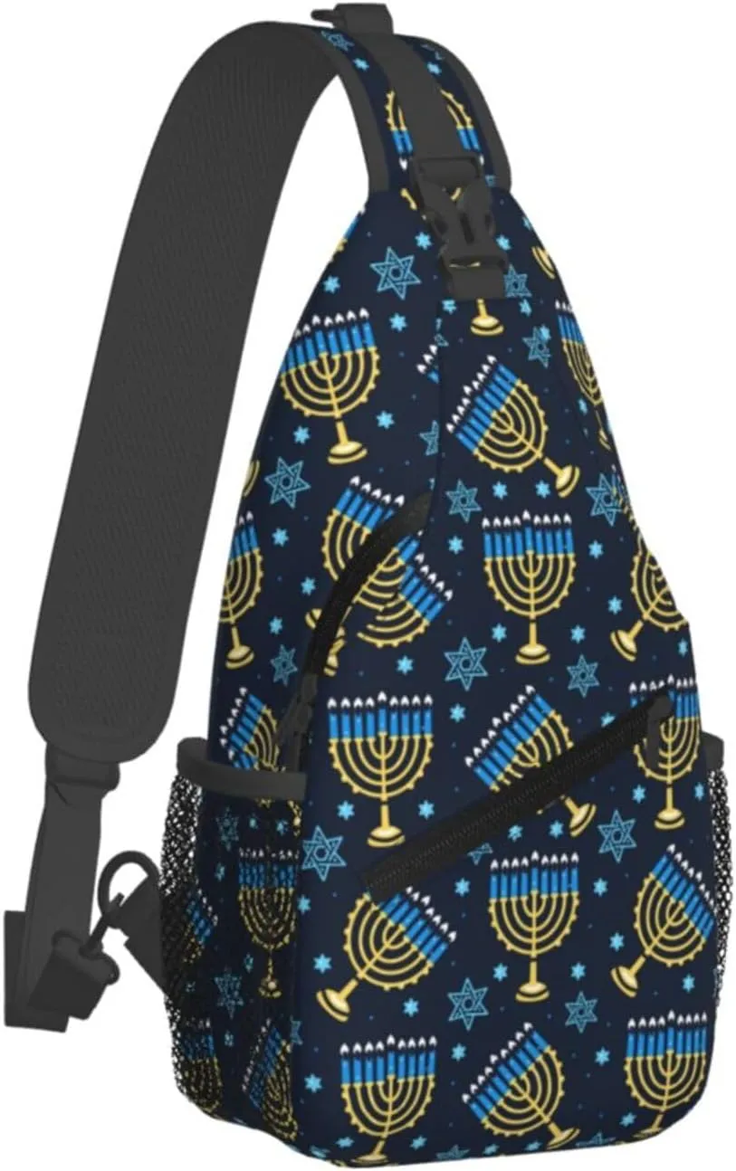 Happy Hanukkah Sling Backpack,Israel Jewish Crossbody Shoulder Backpack Adjustable Sling Bag for Men Women