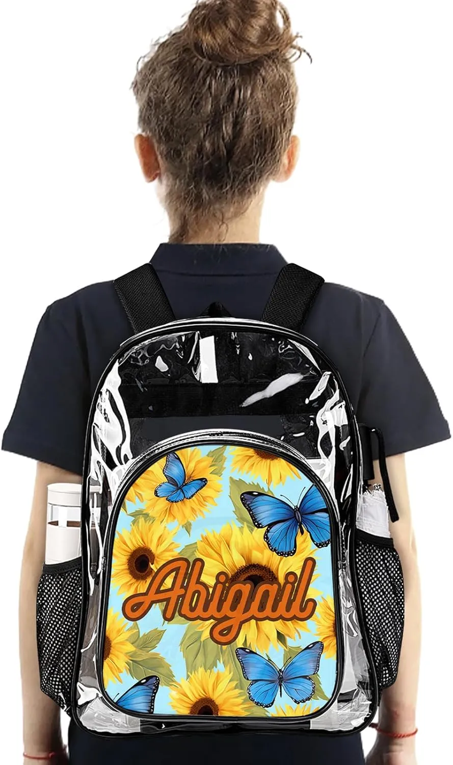 Hateno Personalized Clear School Backpack for Girls, Custom Sunflower Pattern Backpacks with Name, TPU Waterproof Transparent Backpack Suitable for Kids, Best Back to School Gifts