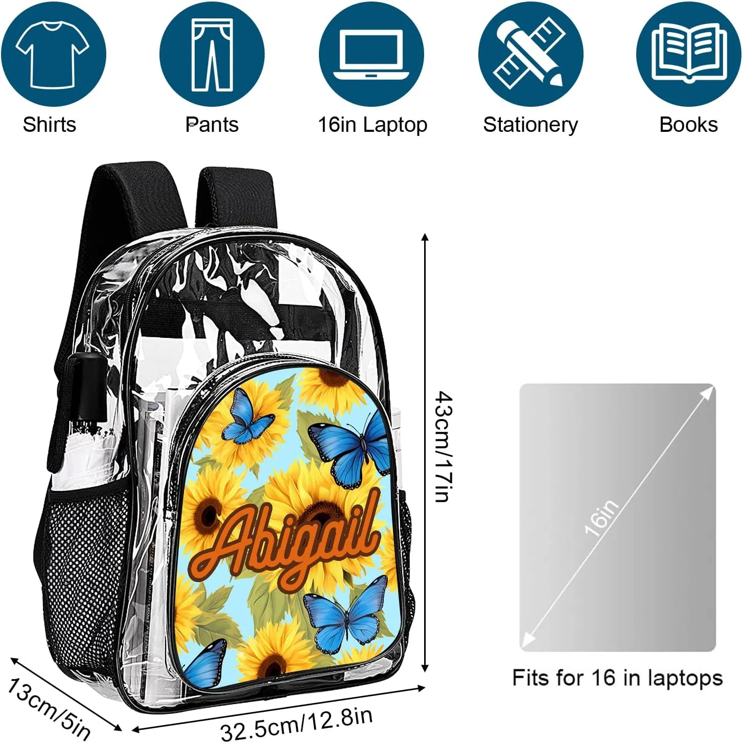 Hateno Personalized Clear School Backpack for Girls, Custom Sunflower Pattern Backpacks with Name, TPU Waterproof Transparent Backpack Suitable for Kids, Best Back to School Gifts