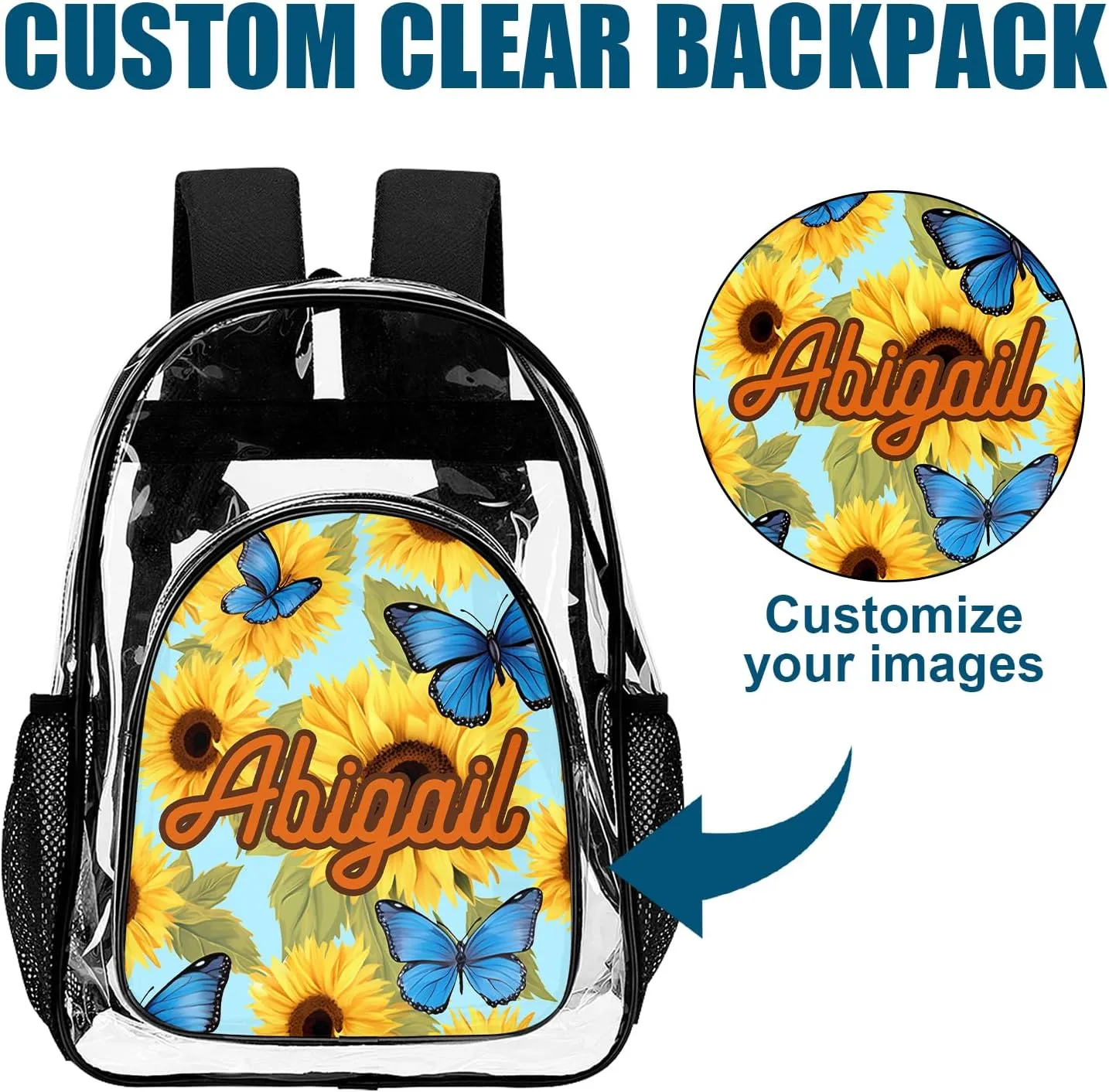 Hateno Personalized Clear School Backpack for Girls, Custom Sunflower Pattern Backpacks with Name, TPU Waterproof Transparent Backpack Suitable for Kids, Best Back to School Gifts