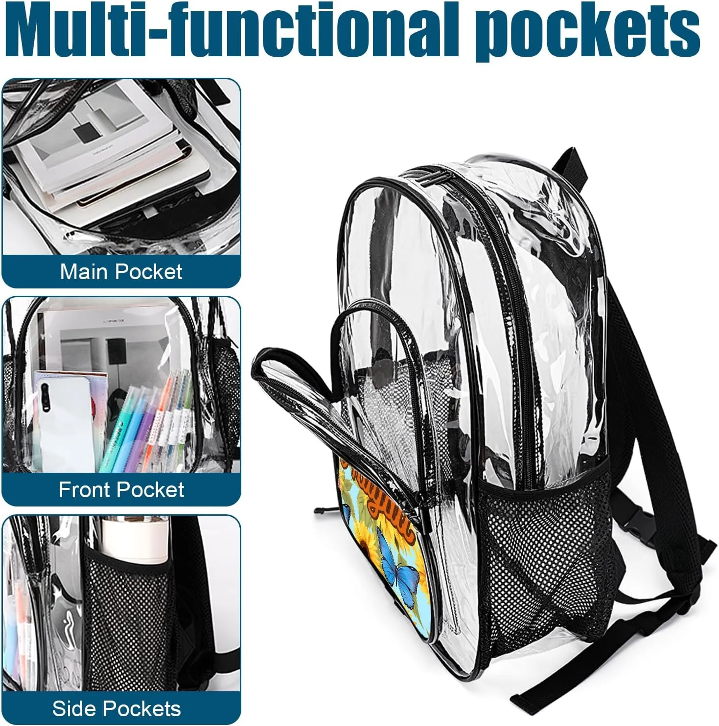 Hateno Personalized Clear School Backpack for Girls, Custom Sunflower Pattern Backpacks with Name, TPU Waterproof Transparent Backpack Suitable for Kids, Best Back to School Gifts