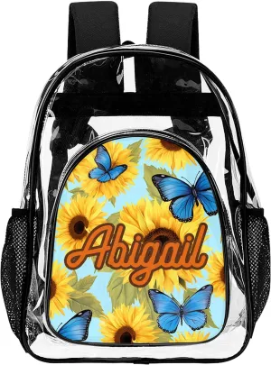 Hateno Personalized Clear School Backpack for Girls, Custom Sunflower Pattern Backpacks with Name, TPU Waterproof Transparent Backpack Suitable for Kids, Best Back to School Gifts