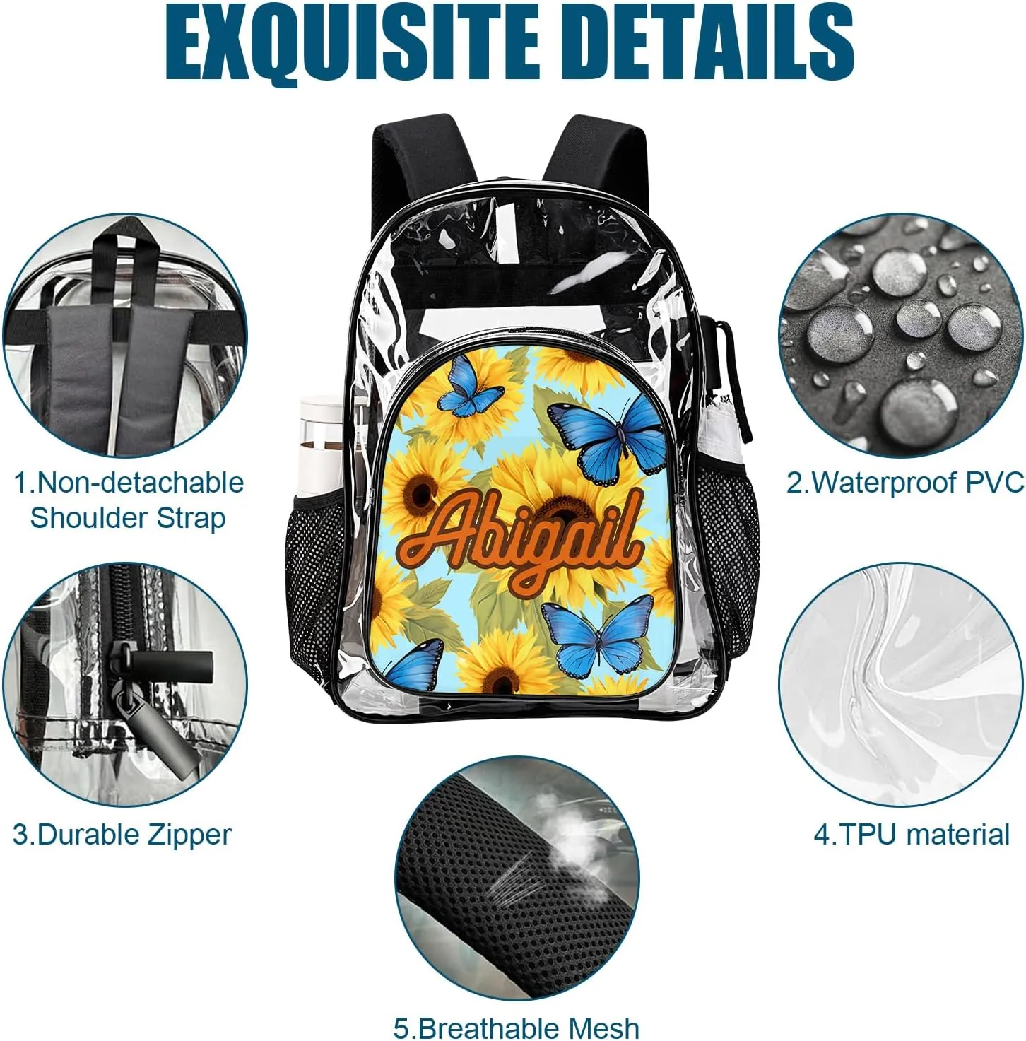 Hateno Personalized Clear School Backpack for Girls, Custom Sunflower Pattern Backpacks with Name, TPU Waterproof Transparent Backpack Suitable for Kids, Best Back to School Gifts