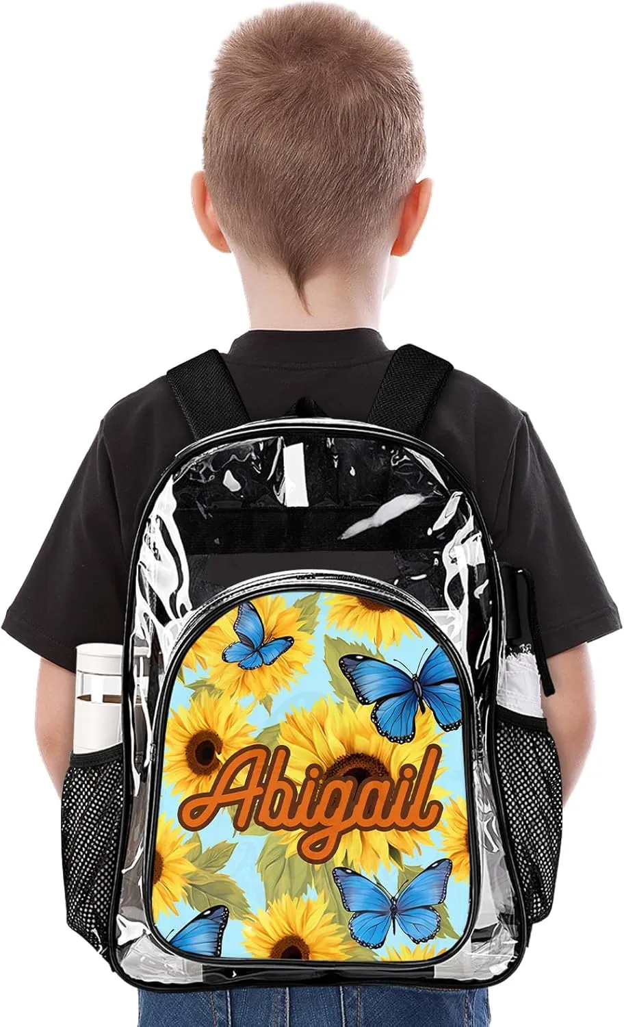 Hateno Personalized Clear School Backpack for Girls, Custom Sunflower Pattern Backpacks with Name, TPU Waterproof Transparent Backpack Suitable for Kids, Best Back to School Gifts