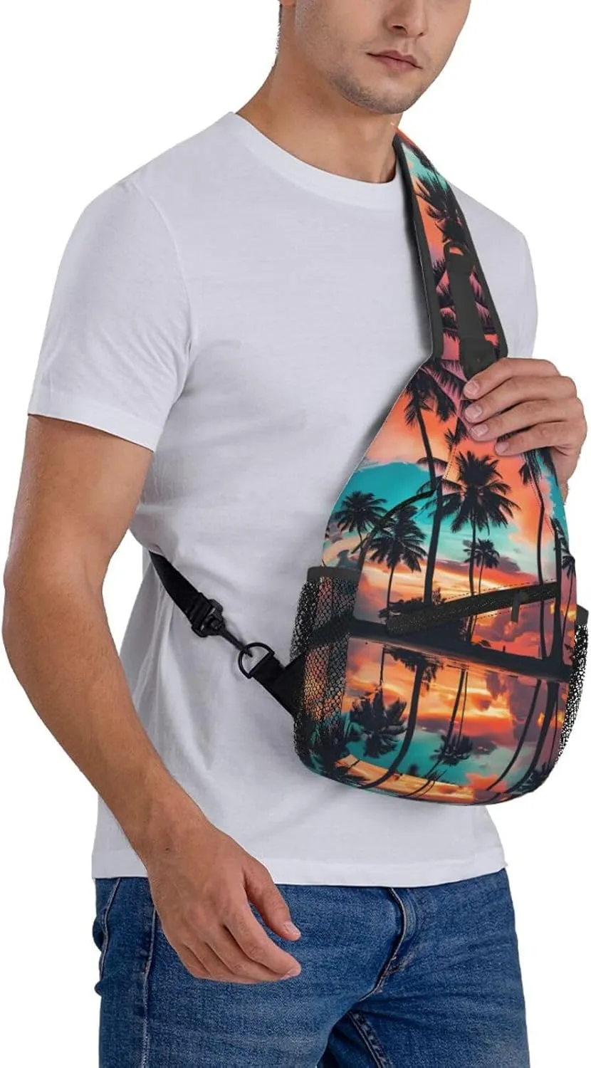 Hawaii Chest Sling Bag Tropical Palm Leaves Crossbody Shoulder Backpack Adjustable Travel Hiking Casual Daypack