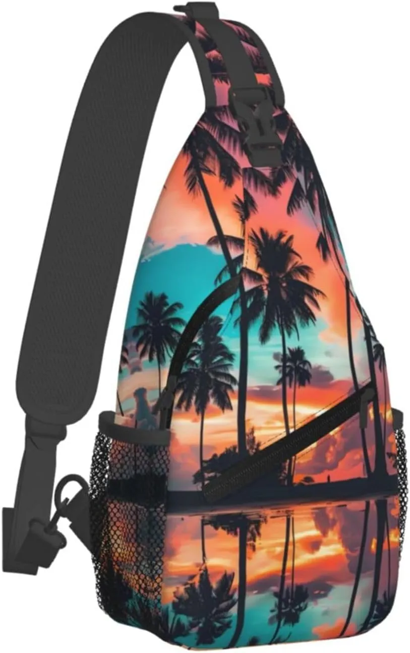 Hawaii Chest Sling Bag Tropical Palm Leaves Crossbody Shoulder Backpack Adjustable Travel Hiking Casual Daypack