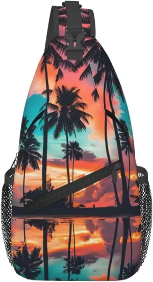 Hawaii Chest Sling Bag Tropical Palm Leaves Crossbody Shoulder Backpack Adjustable Travel Hiking Casual Daypack