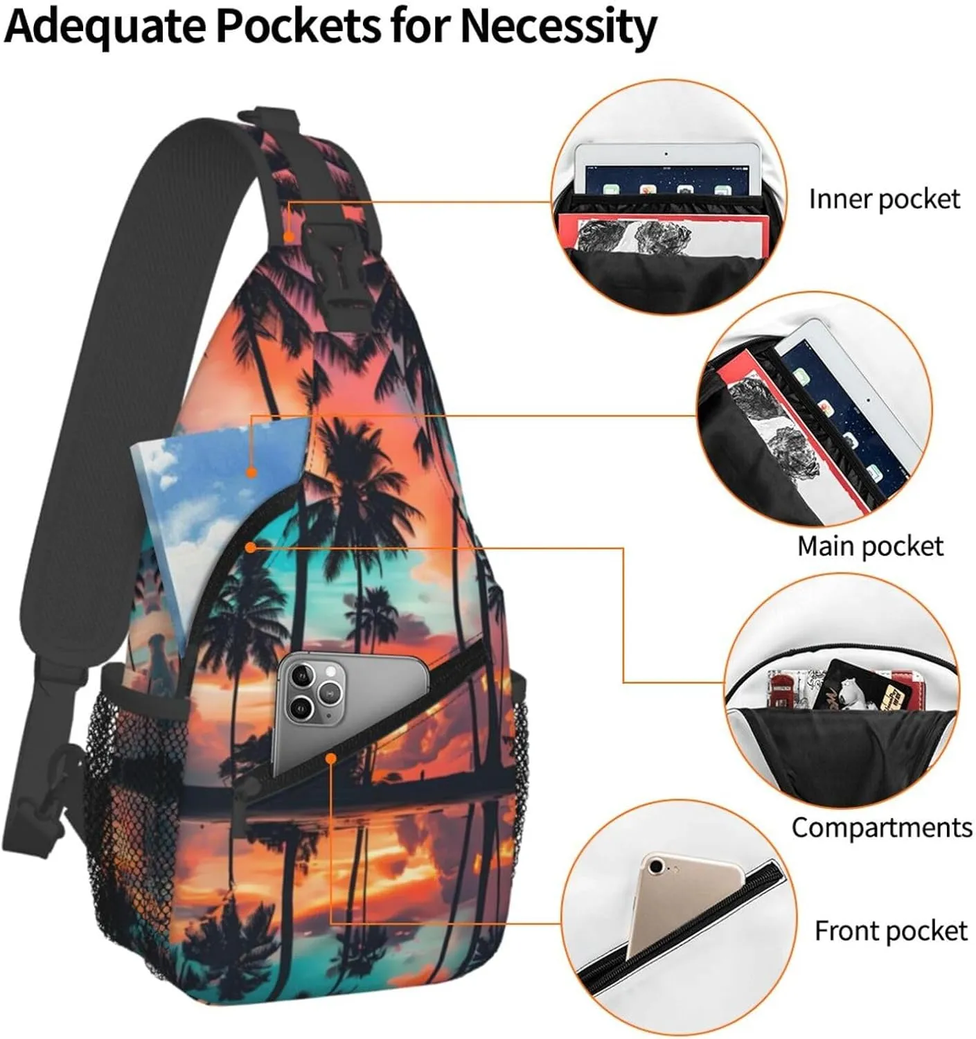 Hawaii Chest Sling Bag Tropical Palm Leaves Crossbody Shoulder Backpack Adjustable Travel Hiking Casual Daypack