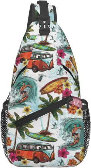 Hawaiian Surfer On Wavy Print Sling Bag Crossbody Backpack For Women Men Hiking Travel Over The Shoulder Multipurpose Bag