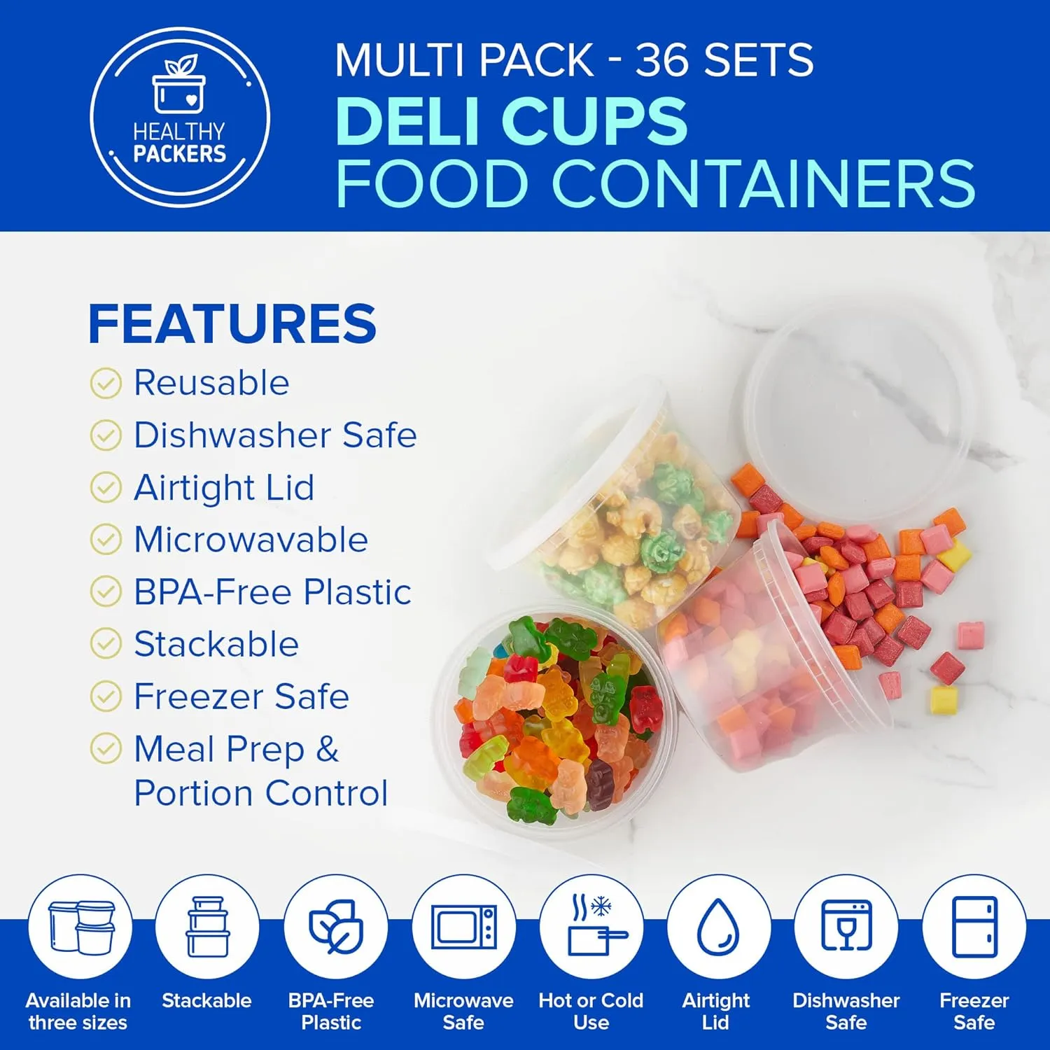 Healthy Packers Food Storage Containers with Airtight Lids - Clear Plastic Food Storage Jars - BPA Free| Leakproof - Microwaveable - Reusable - Dishwasher & Freezer Safe (8oz, 16oz, 32oz) 36 Pack