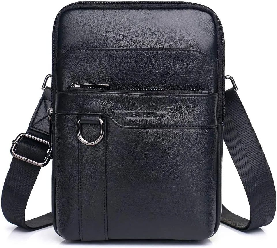 Hebetag Small Leather Sling Shoulder Bag Messenger Pack for Men Women Outdoor Travel Business