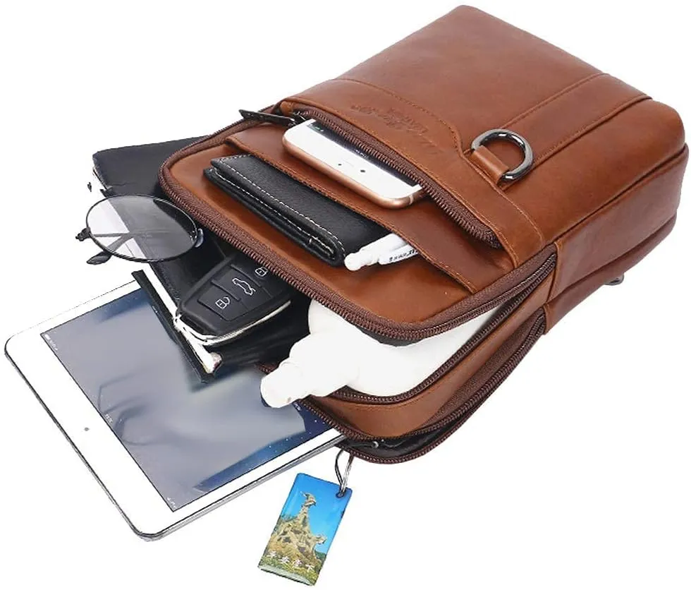 Hebetag Small Leather Sling Shoulder Bag Messenger Pack for Men Women Outdoor Travel Business
