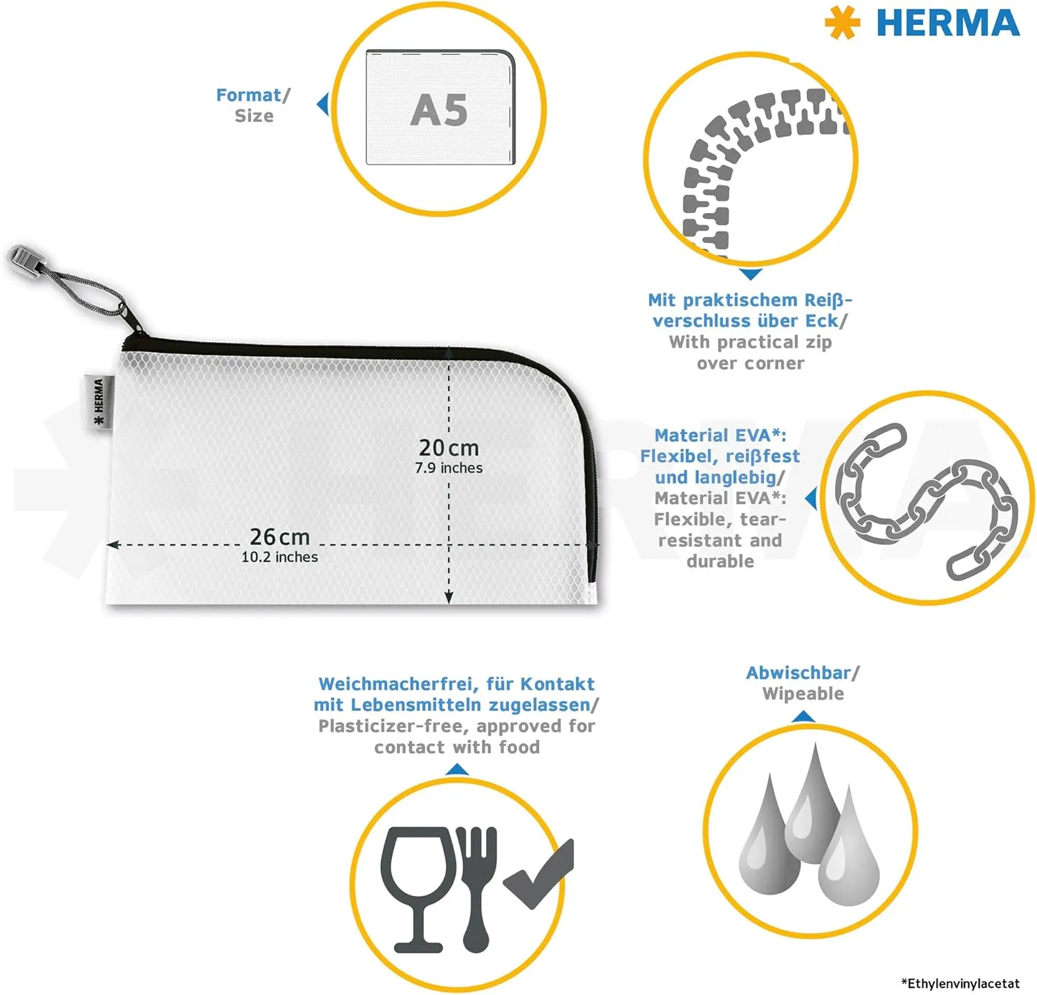 HERMA 20008 Zip Toiletry Bag A5, Transparent (26 x 20 cm) Small Zippered Travel Pouch for Cosmetics, Liquids, Make-up, Toothbrush, Clear Cosmetic Bag with Zipper in red