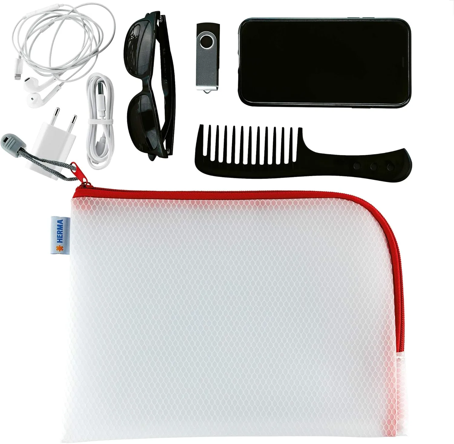 HERMA 20008 Zip Toiletry Bag A5, Transparent (26 x 20 cm) Small Zippered Travel Pouch for Cosmetics, Liquids, Make-up, Toothbrush, Clear Cosmetic Bag with Zipper in red