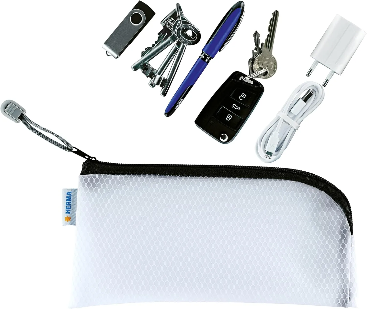 Herma 20020 Zip Cosmetic Bag, transparent (23 x 11 cm) small zippered travel pouch for mobile phone, charging cable, cosmetics, pens, keys, clear toiletry bag with zipper in black