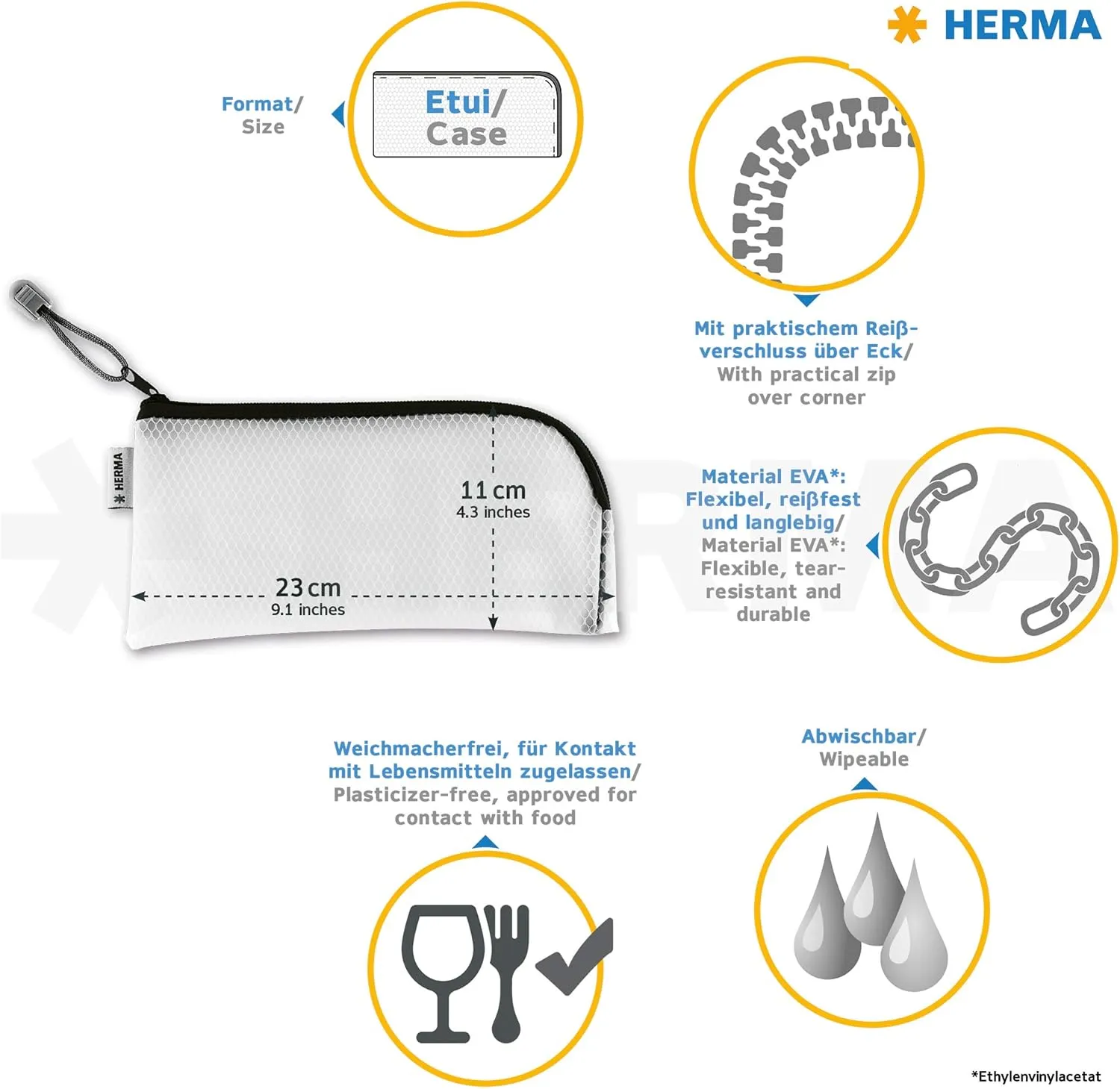 Herma 20020 Zip Cosmetic Bag, transparent (23 x 11 cm) small zippered travel pouch for mobile phone, charging cable, cosmetics, pens, keys, clear toiletry bag with zipper in black