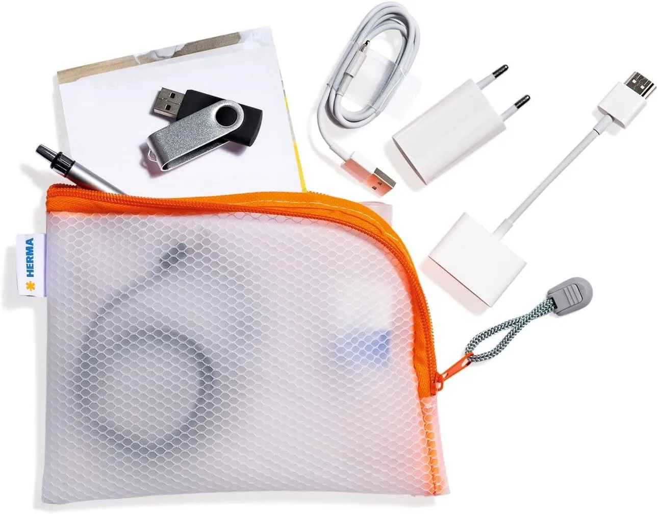 HERMA 20028 Zip Pocket Travel Case A6 Transparent Orange Small Lockable Clear Pocket with Zip, Toiletry Bag for Mobile Phone, Charging Cable, Cosmetics, Pens, Keys