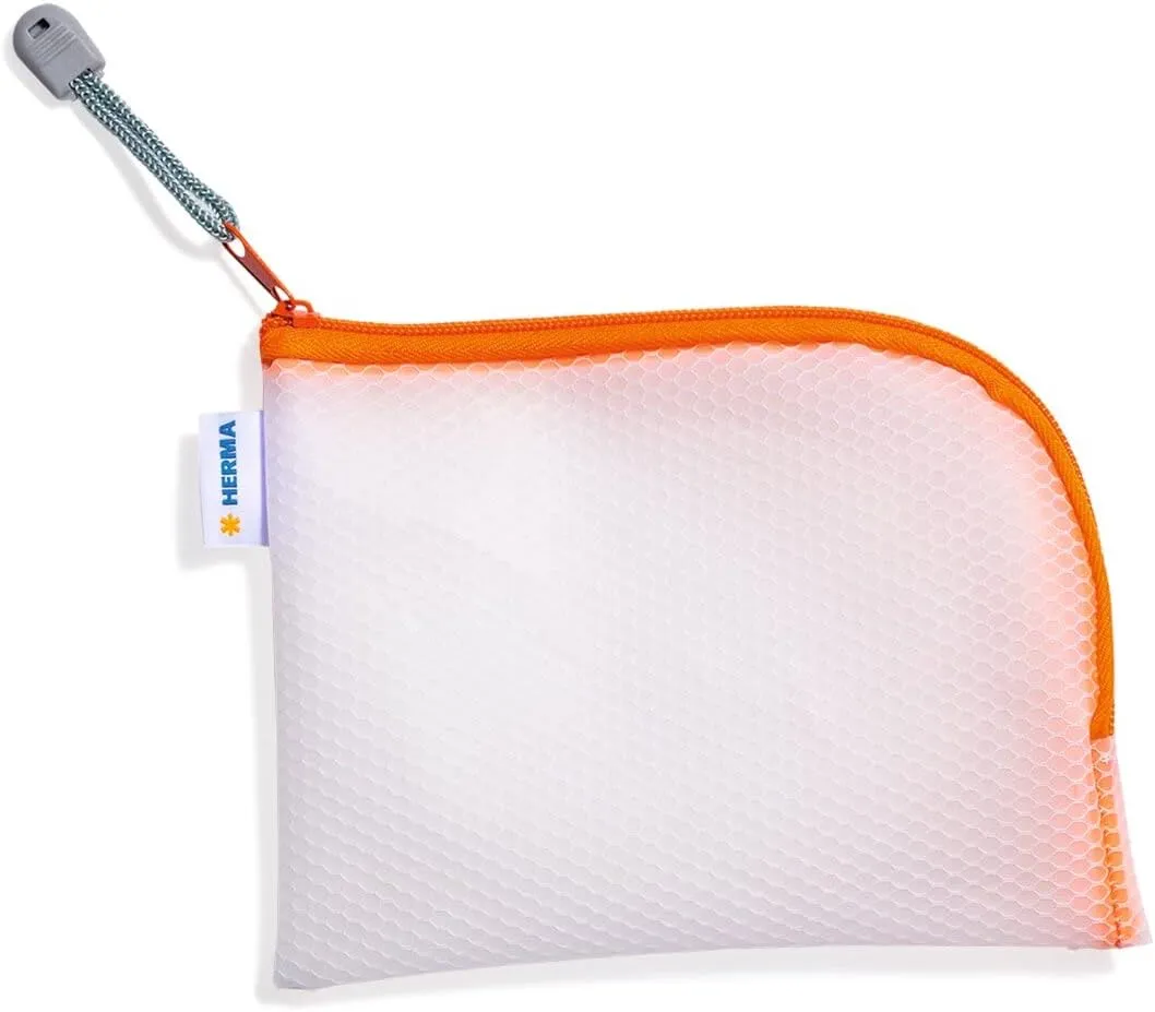 HERMA 20028 Zip Pocket Travel Case A6 Transparent Orange Small Lockable Clear Pocket with Zip, Toiletry Bag for Mobile Phone, Charging Cable, Cosmetics, Pens, Keys