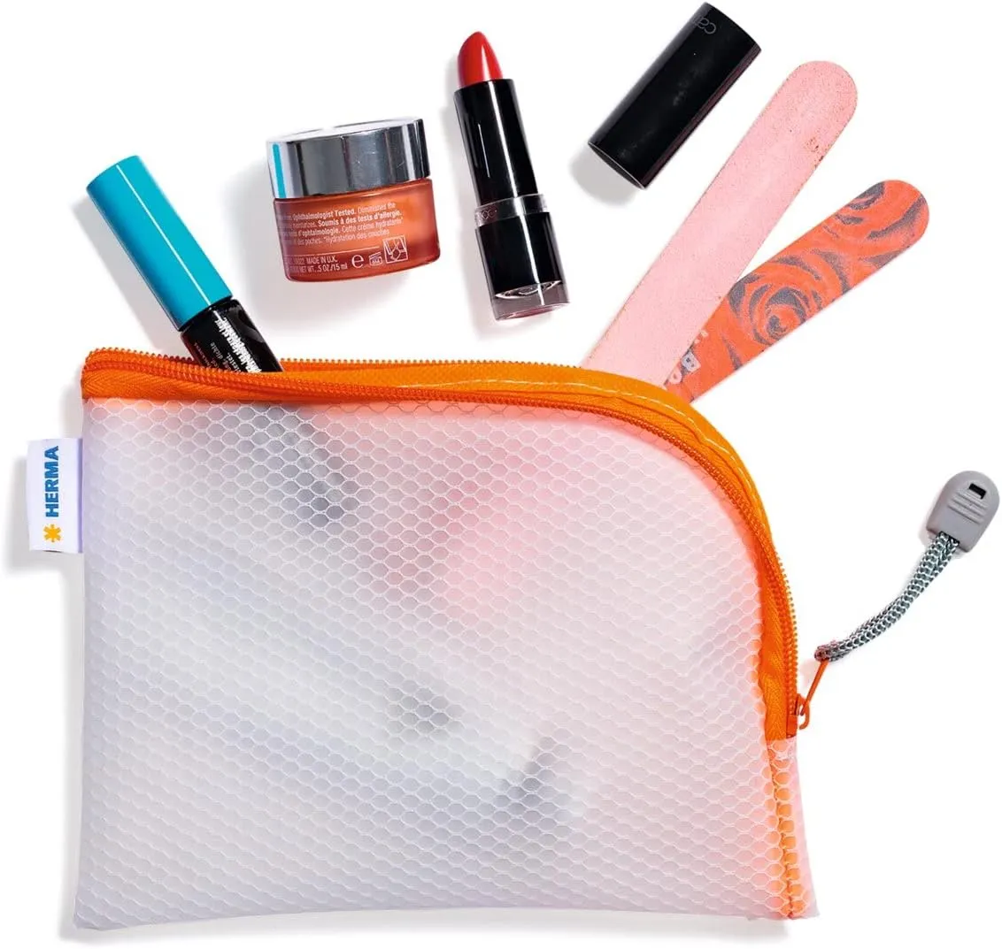 HERMA 20028 Zip Pocket Travel Case A6 Transparent Orange Small Lockable Clear Pocket with Zip, Toiletry Bag for Mobile Phone, Charging Cable, Cosmetics, Pens, Keys