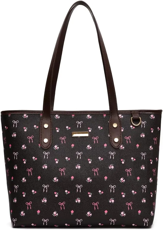HIBEAR Leather Tote Bag For Women,Cherry Print Shoulder Bag Large Work Tote Bag Cute Floral Cherry Purse with Zipper Closure
