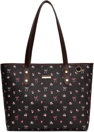 HIBEAR Leather Tote Bag For Women,Cherry Print Shoulder Bag Large Work Tote Bag Cute Floral Cherry Purse with Zipper Closure