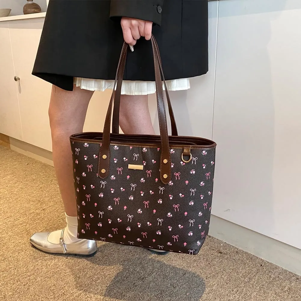 HIBEAR Leather Tote Bag For Women,Cherry Print Shoulder Bag Large Work Tote Bag Cute Floral Cherry Purse with Zipper Closure