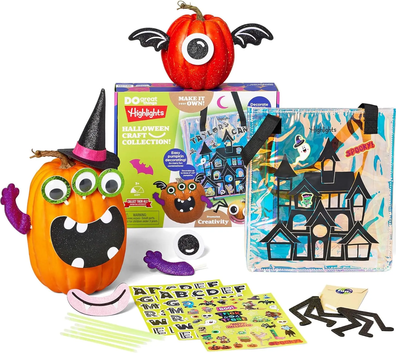 Highlights for Children Halloween Craft Collection for Kids Ages 3 , Customize a Glow-in-The-Dark Trick-or-Treat Tote Bag, Decorate Pumpkins, Includes 150  Stickers, 6 Glow Sticks and More