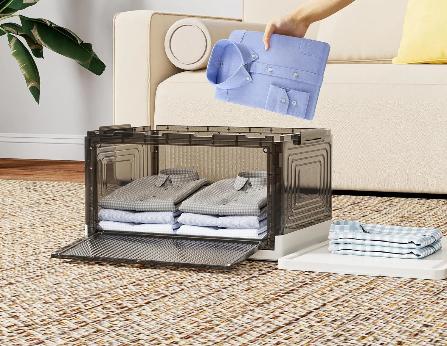 HOMIDEC Closet Organizers and Storage 70Qt 3 Pack Stackable Storage Bins with 1 Lid Closet Organizer Boxes for Clothes Foldable Storage Box for Clothes/Toys/Office Supplies/Snacks(Smoke Gray)