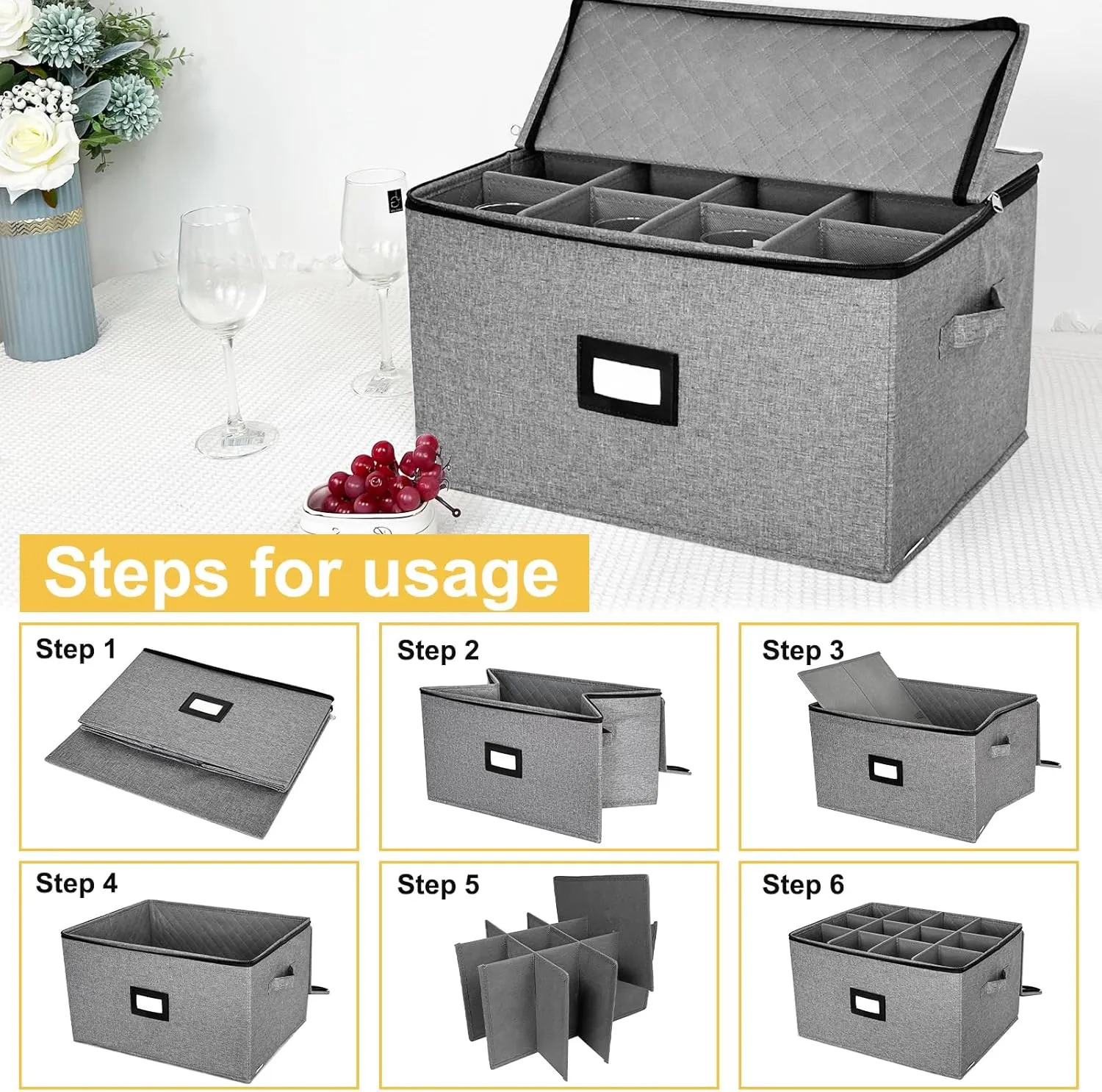 homyfort Wine Glass Storage Box, China Storage Containers with Dividers, Stemware Storage Case Holds 12 Wine Glass or long stem Crystal Glassware with Handles, Hard Shell and Stackable (Grey)
