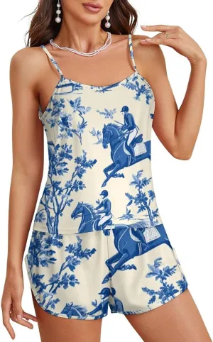 Horse Jumping Horsing Rider Women's Strap Pajama Set Silk Pajamas for Summer