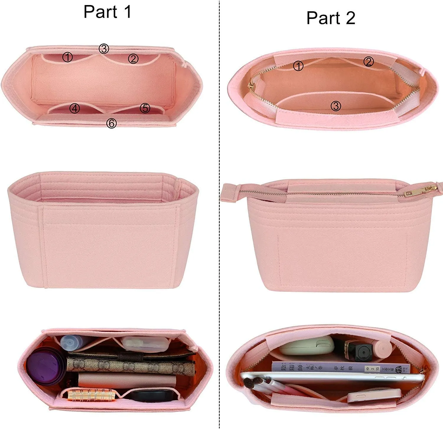 HyFanStr Felt Insert Bag Organizer with Zipper, Small Handbag Purse Organizer Tote Liner Pouch for Women, 2 Piece Set …