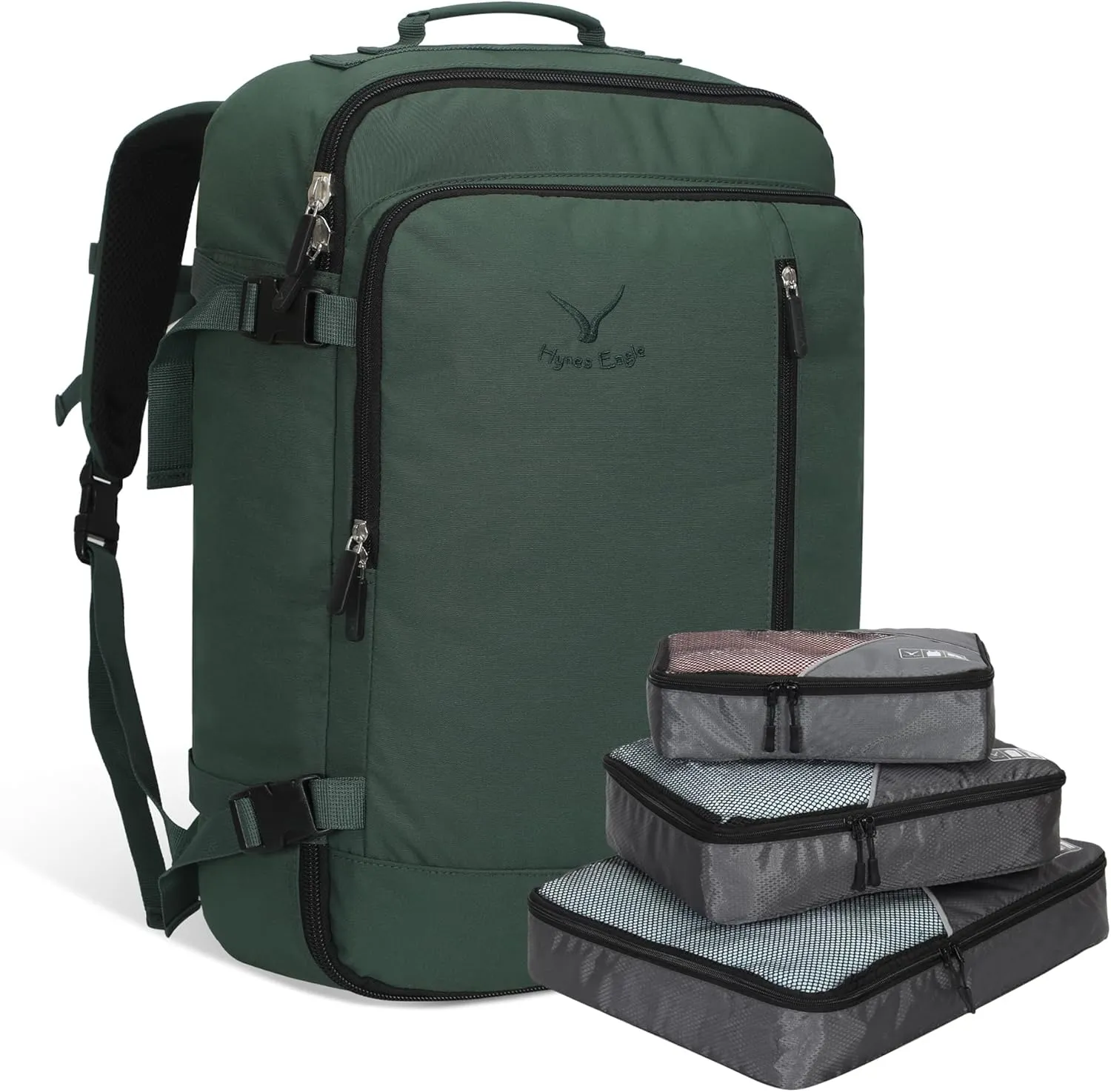 Hynes Eagle Carry on Backpack 38L Large Travel Backpack for Women Flight Approved Weekender Bag Laptop Backpack Men 15 inches Oliver Green with 3PCS Packing Cubes Set Grey