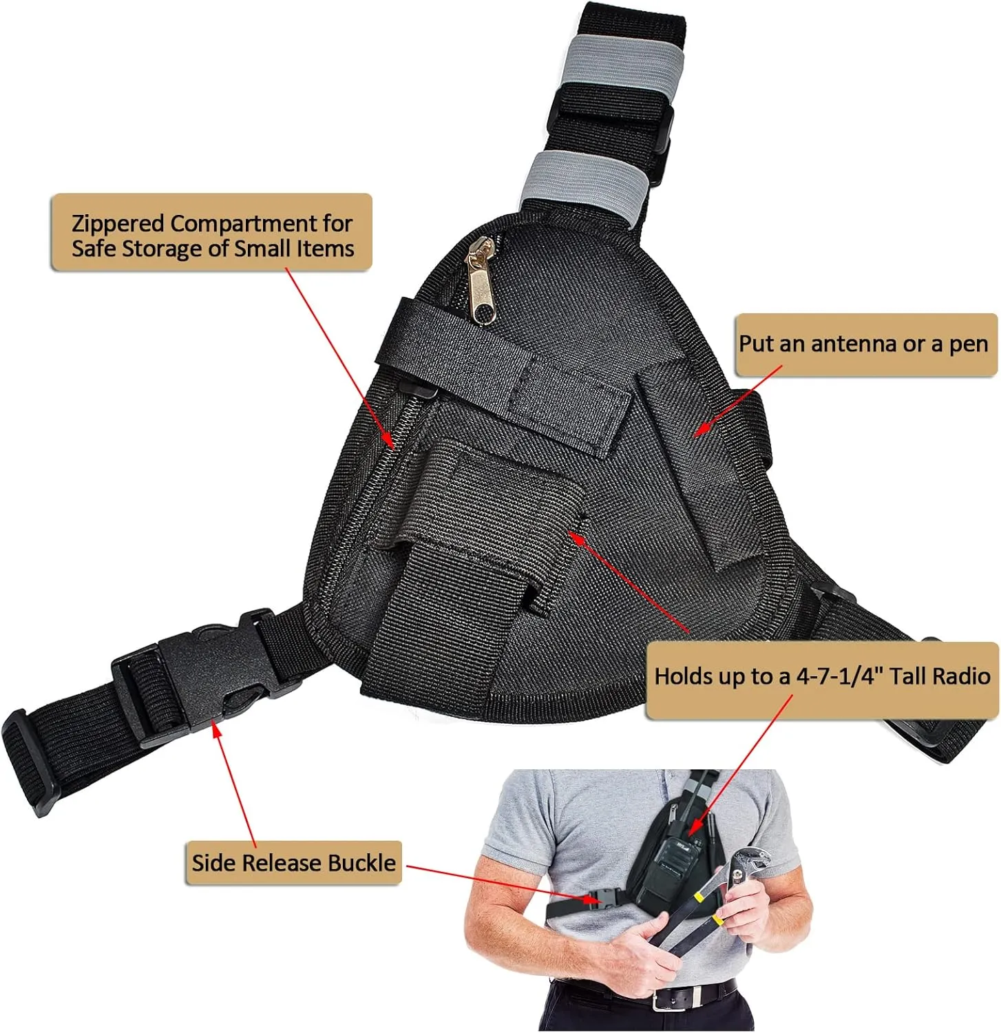 HYS Nylon Chest Harness Pack, Adjustable Shoulder Strap with an Adjustable Single Radio Pouch