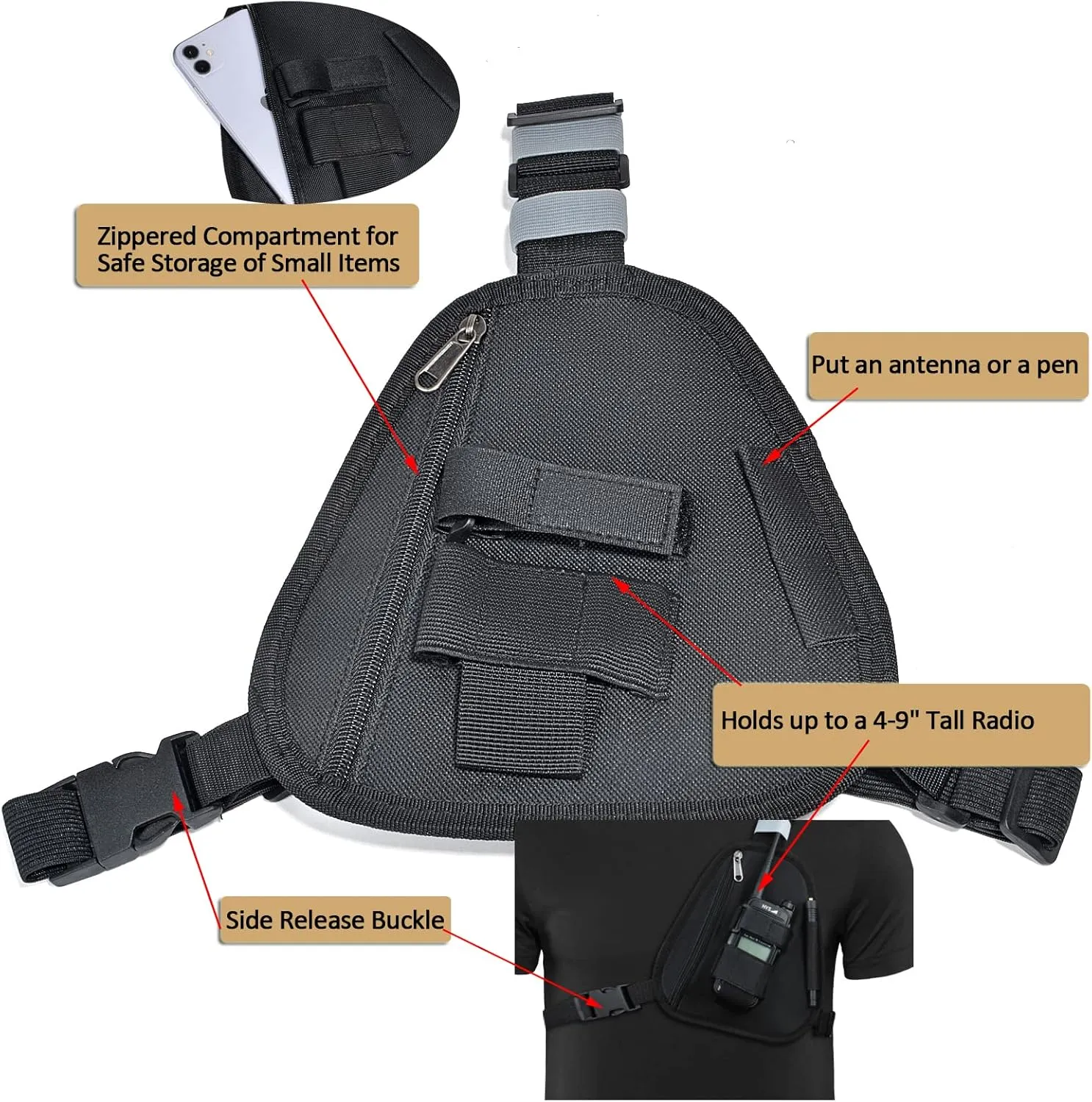 HYS Nylon Chest Harness Pack, Adjustable Shoulder Strap with an Adjustable Single Radio Pouch