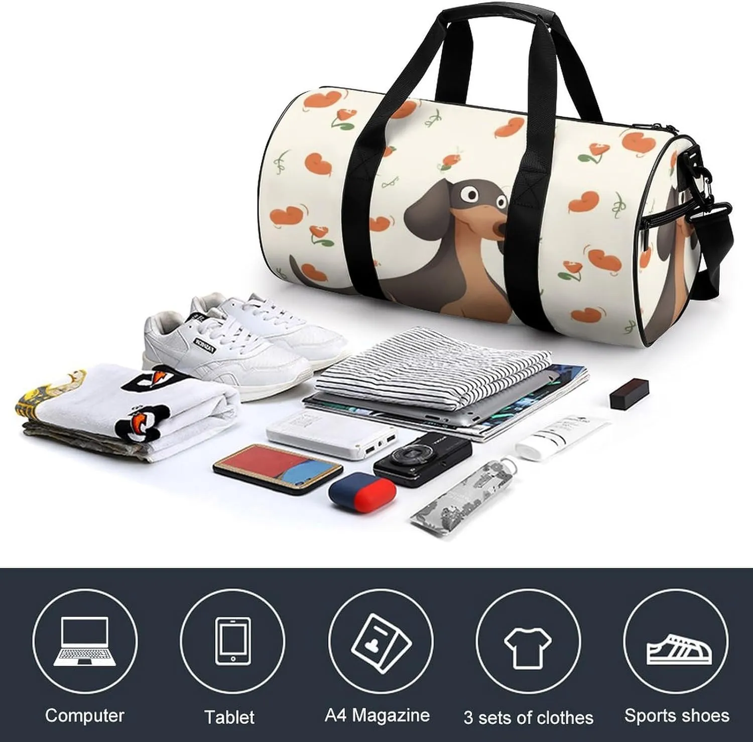 I Love My Dog Dachshunds Gym Bag Small Travel Duffle Bag with Compartment Carry On Weekender Bag for Women Men
