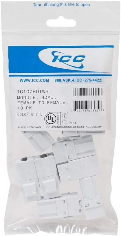 ICC 4K HDMI Keystone Jack with 4K @ 60Hz Video, Female to Female HDMI Jack, HD Style for Wall Plate in White, 10-Pack