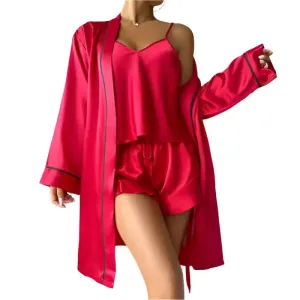 Ice Silk Sling Shorts Nightgown Three-piece Set