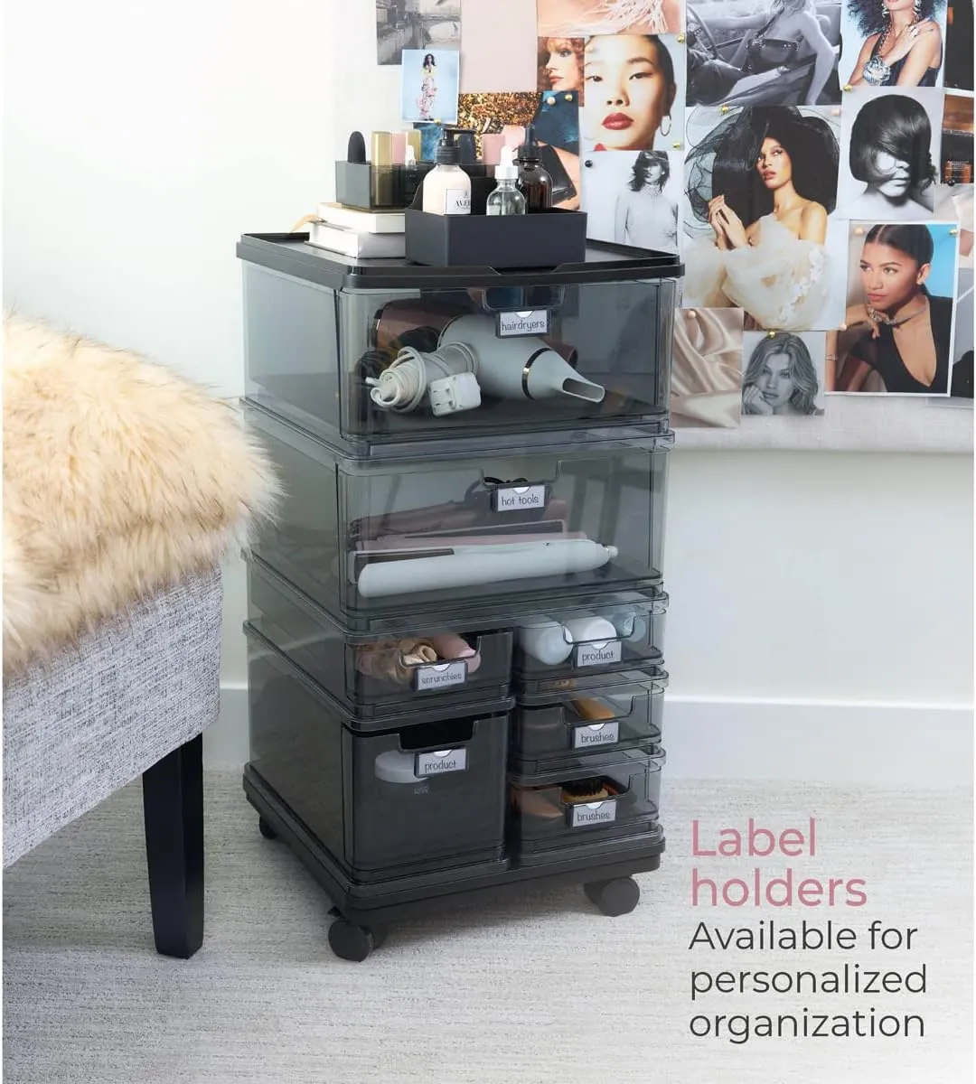 iDesign The Sarah Tanno Collection Large 7-Drawer Stacking Cosmetic Organizer Cart, Smoke/Black