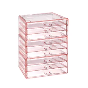 Ikee Design 3-Piece Set Pink Acrylic Drawer Storage Organizer, Ideal for Jewelry, Makeup, Home, and Office Storage,9.38 W x 5.38 D x 12.75 H in
