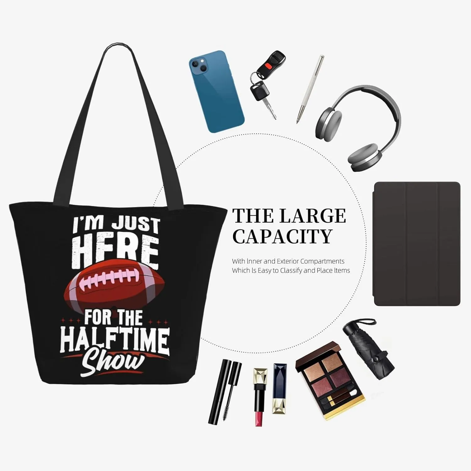 Im Just Here For The Halftime Show Football Tote Bag Lightweight Shopping Handbag Large Capacity Shoulder Bag