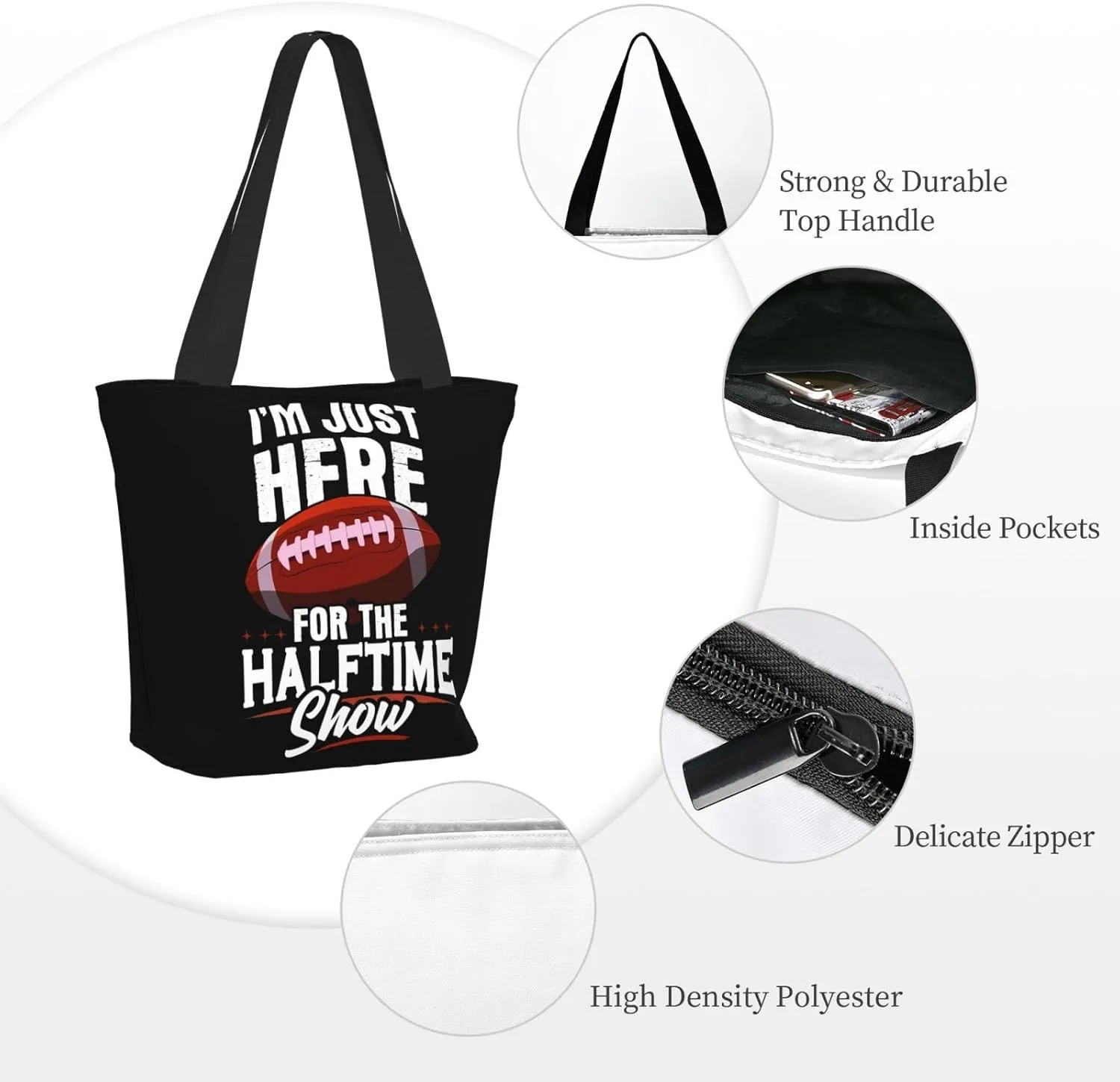 Im Just Here For The Halftime Show Football Tote Bag Lightweight Shopping Handbag Large Capacity Shoulder Bag