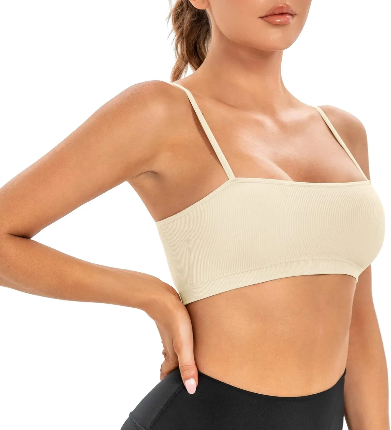 INIBUD Sports Bras for Women Bandeau Padded Ribbed Bralette Adjustable Strap Workout Square Neck Seamless Crop Top Backless