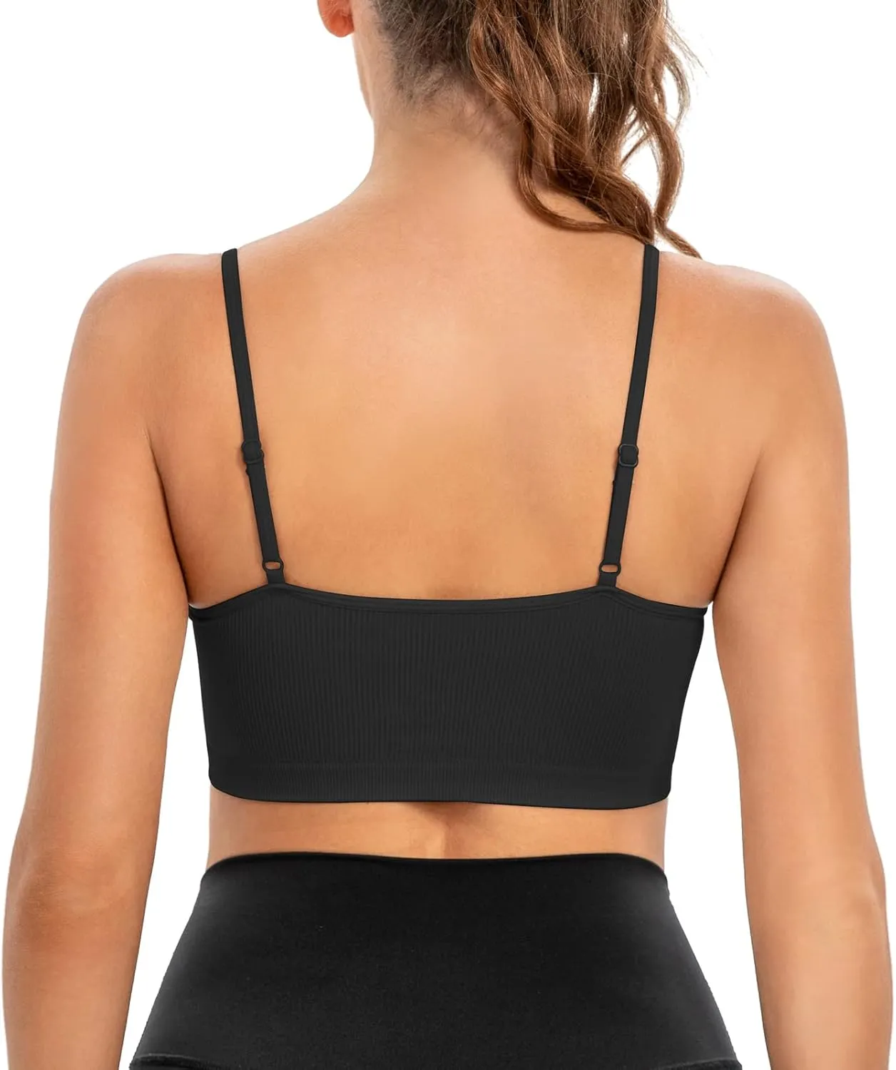 INIBUD Sports Bras for Women Bandeau Padded Ribbed Bralette Adjustable Strap Workout Square Neck Seamless Crop Top Backless