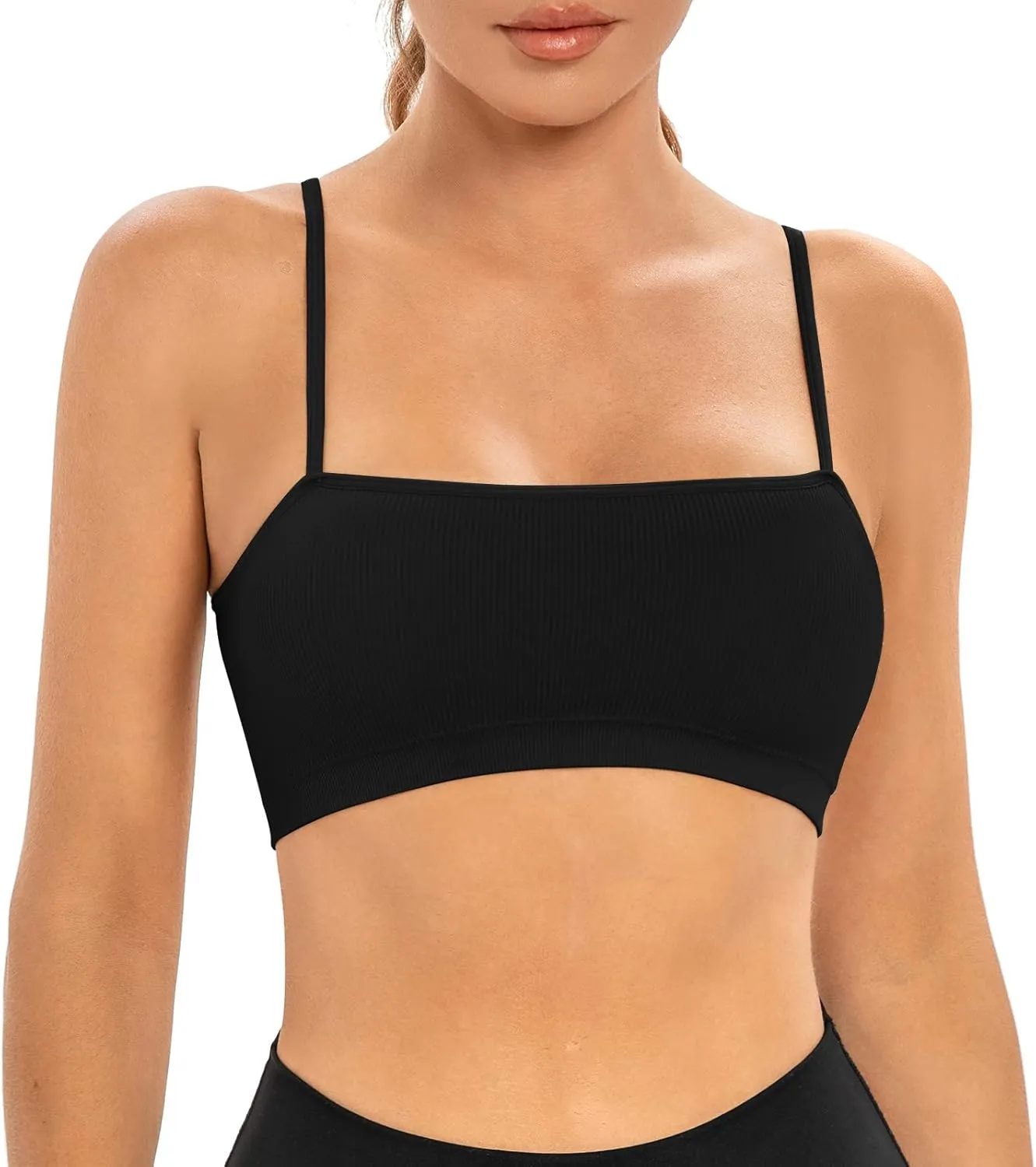 INIBUD Sports Bras for Women Bandeau Padded Ribbed Bralette Adjustable Strap Workout Square Neck Seamless Crop Top Backless