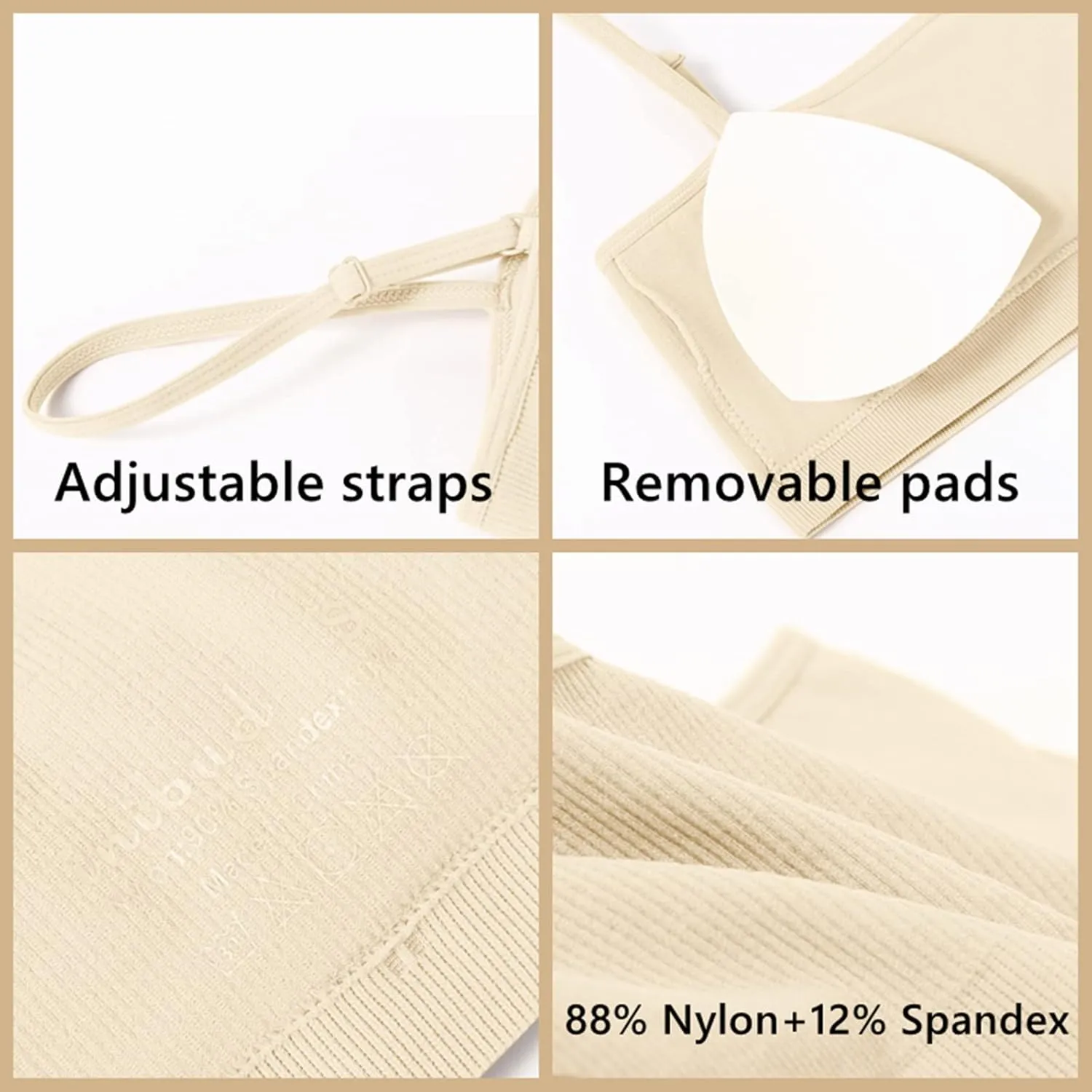 INIBUD Sports Bras for Women Bandeau Padded Ribbed Bralette Adjustable Strap Workout Square Neck Seamless Crop Top Backless