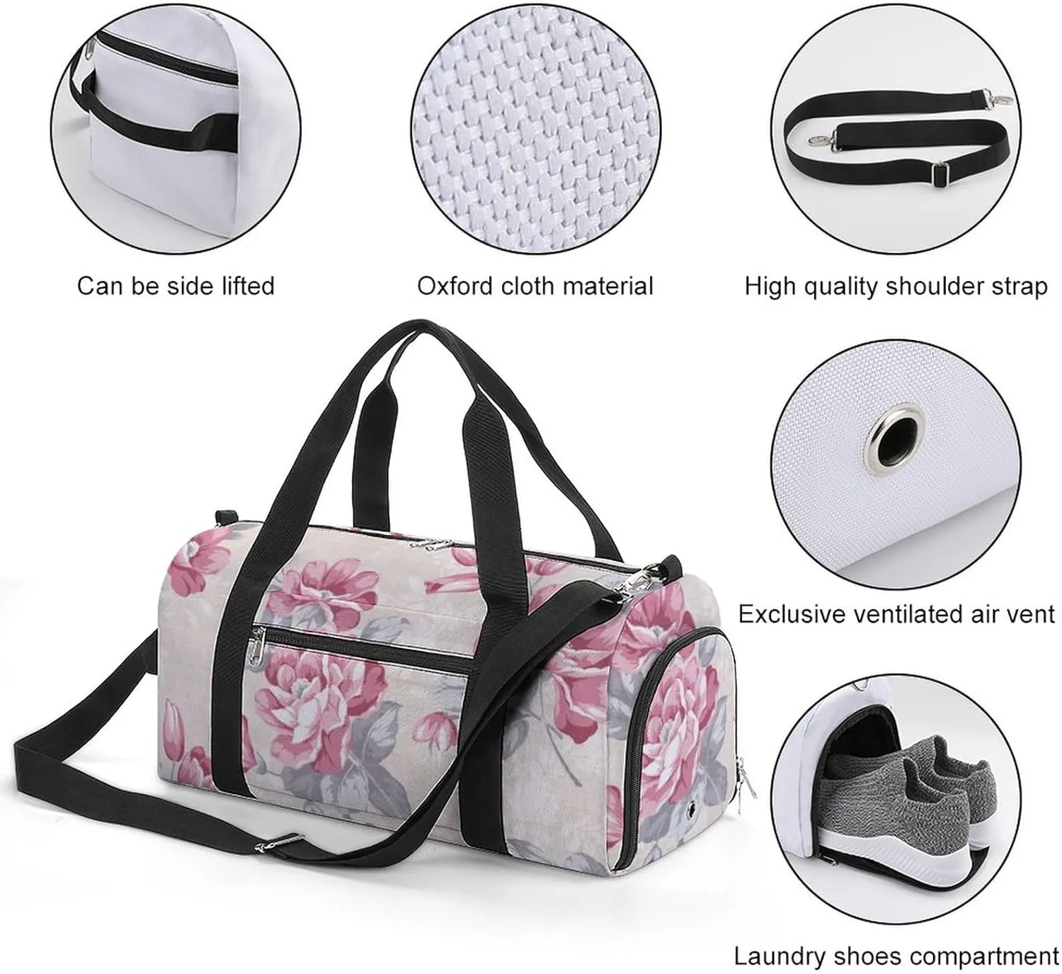 Intense Red Color Rose Pattern Sports Tote Gym Bag for Women Men, Overnight Bag with Shoe Compartment Water Resistant